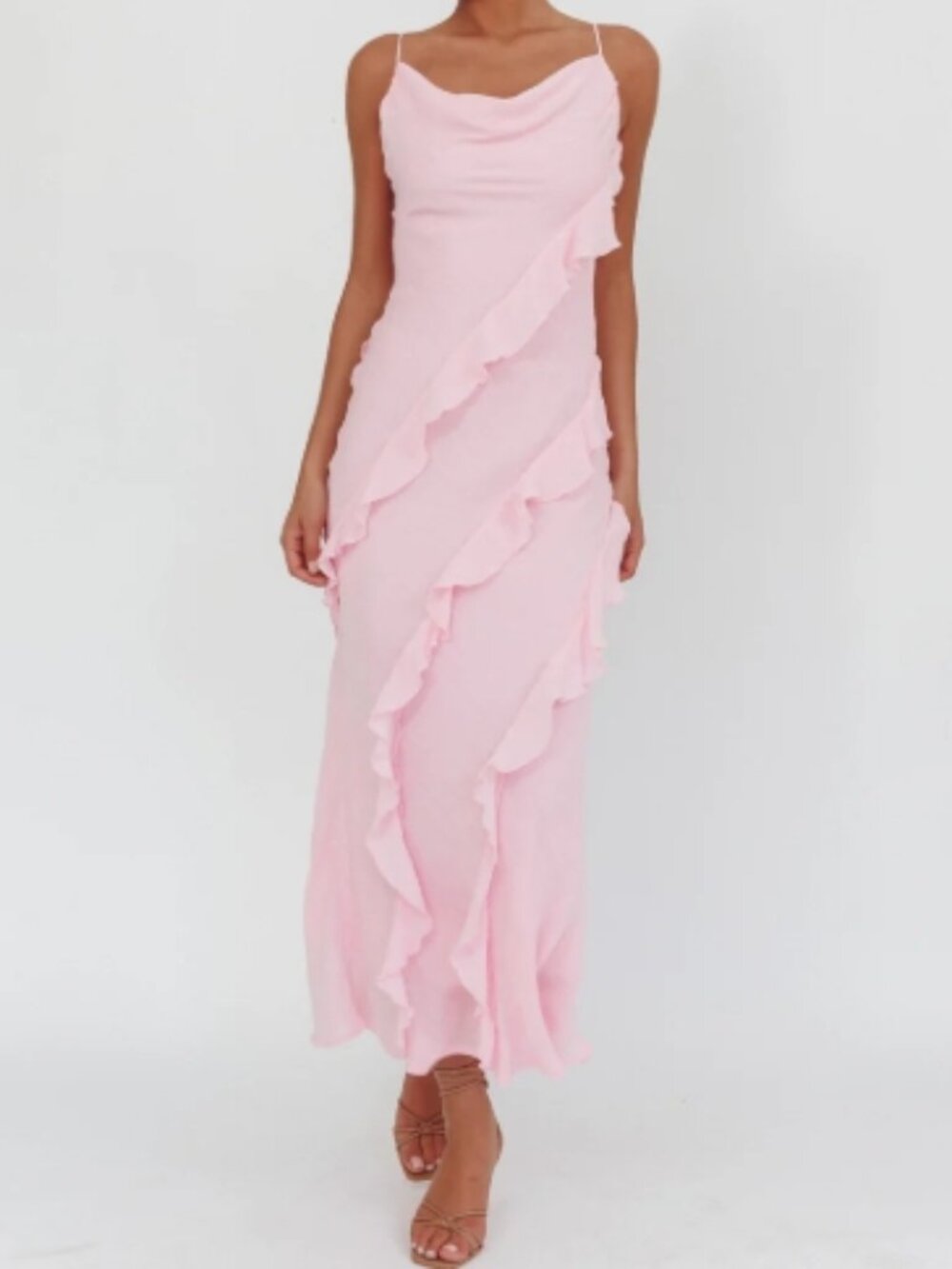 Panama Bay Ruffle Trim Cowl Neck Maxi Dress Pink SZ L